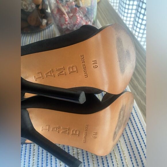 L.A.M.B. Black Leather Suede Open Toe Stiletto Sandals Size 6 - Picture 13 of 16